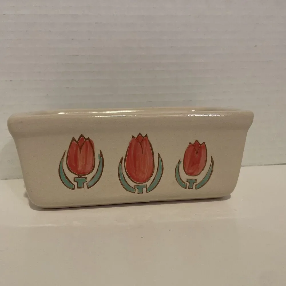 NANTUCKET Stoneware Ceramic LOAF PAN Bread Baking Mini Beige+ Tulips 🌷🌷🌷6x4